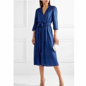 Alice + Olivia Katina Metallic Wrap Midi Dress Blue Size 8 Ribbed 3/4 Sl…